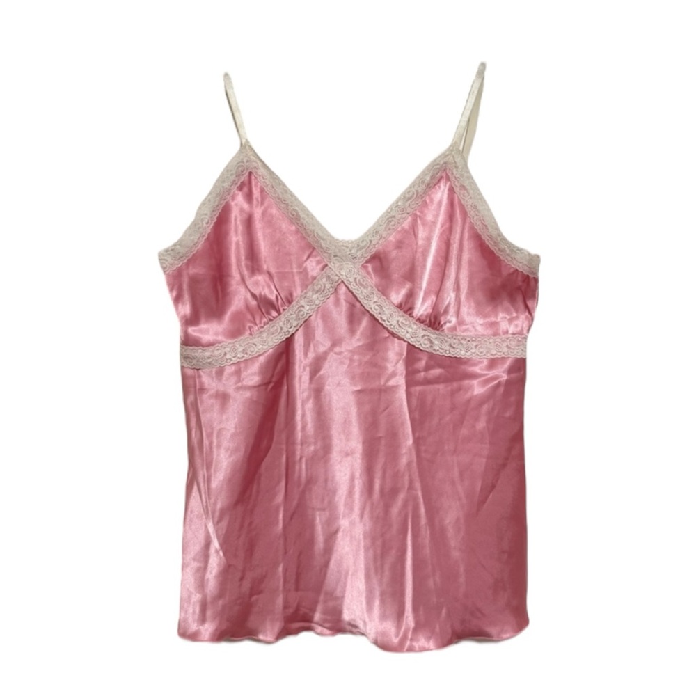 E.K. Designs Pink Silky Satin Tank Lace Trim Y2K Vintage- Large
